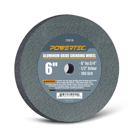 Powertec Aluminum Oxide Grinding Wheel, 6 in. x 3/4 in., 1/2 in. Arbor, 100 Grit 15519